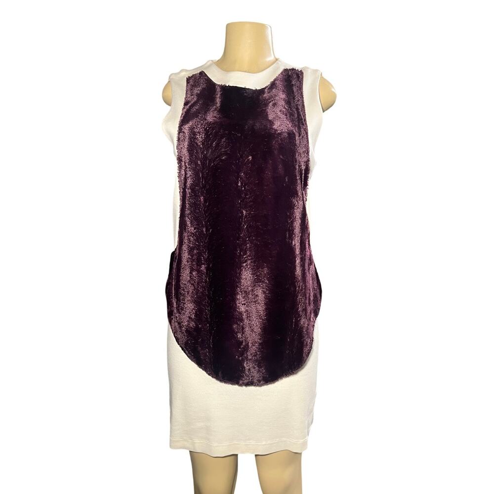 Daniel Vosovic MOD Shift‎ Dress Size 8 Ivory Jersey Maroon Faux Fur Over…